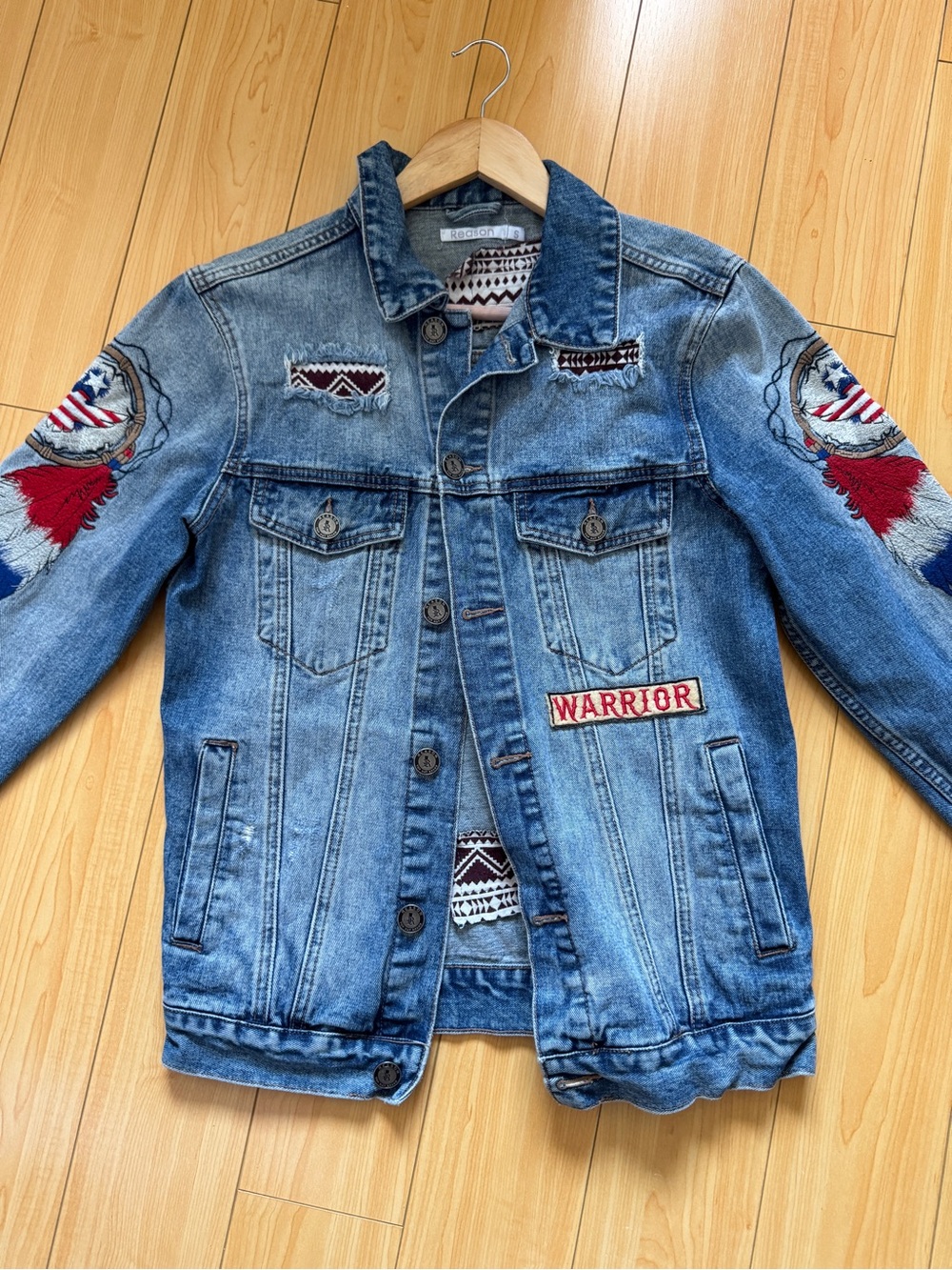 Reason Light Blue Denim Jacket with Southwestern-inspired Pattern and Embroidery